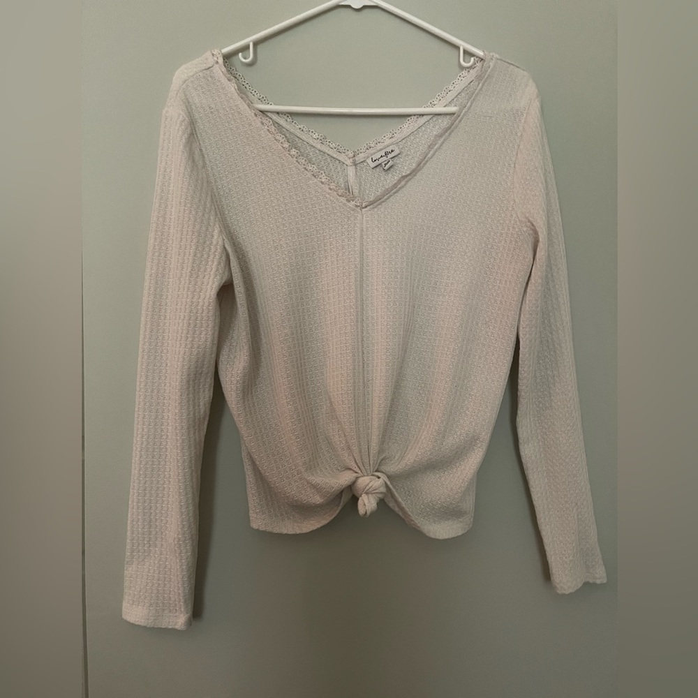 Long sleeve, white, soft, laced neckline